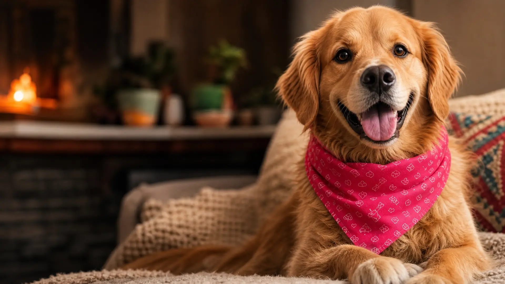Happy golden retriever wearing a bright pink Frannie's bandana