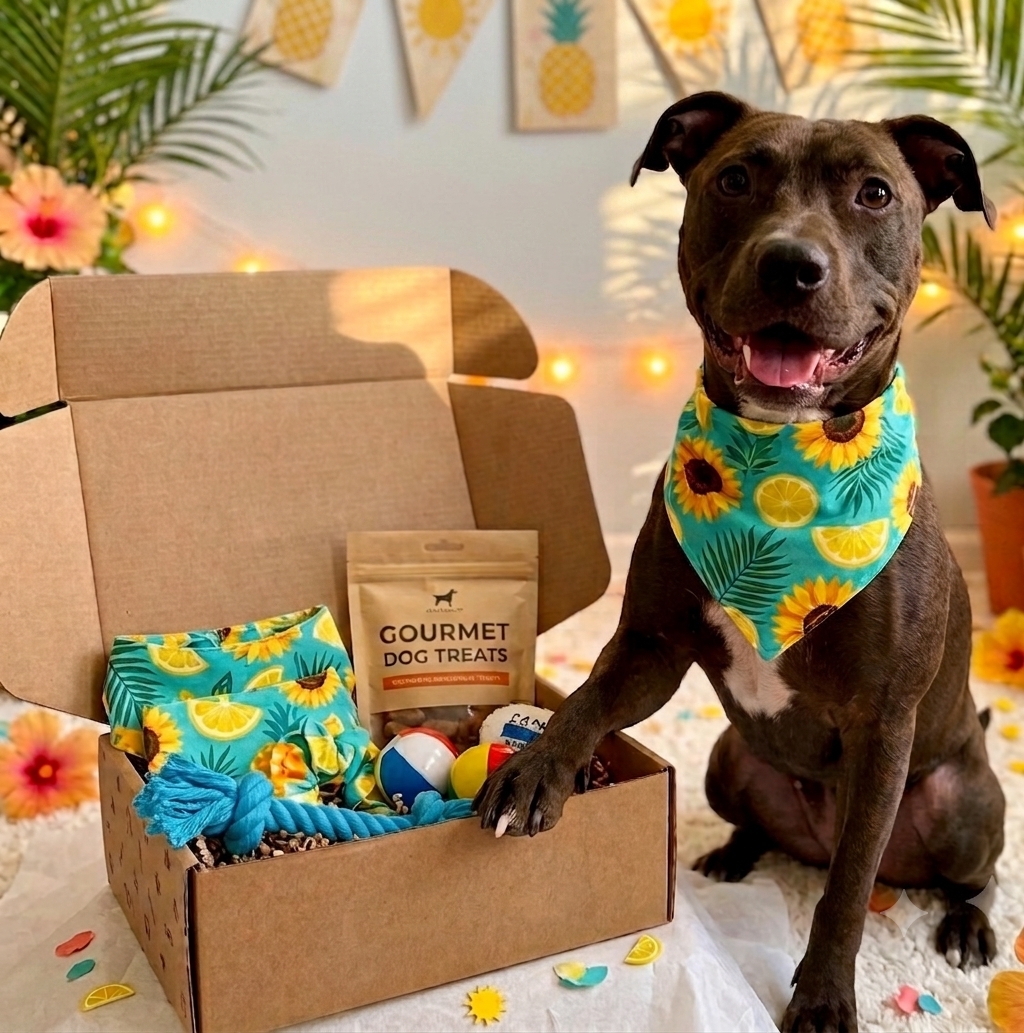 Frannie's Pack subscription box with a happy dog wearing a handmade bandana, treats, and toys